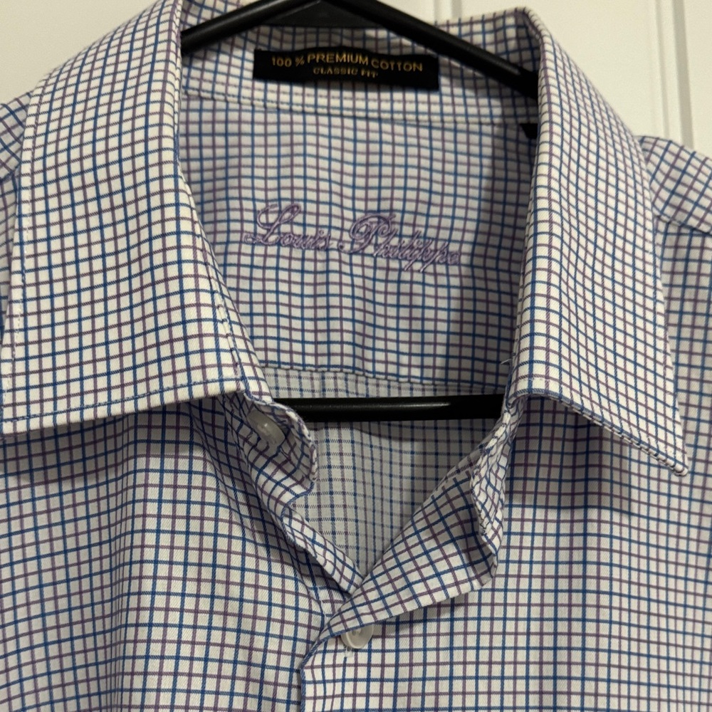 Louis Philippe Men's Blue and White Grid Dress Shirt